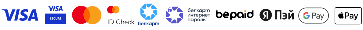 Логотипы платежных систем Visa, Mastercard, Белкарт, bePaid, Google Pay и Apple Pay